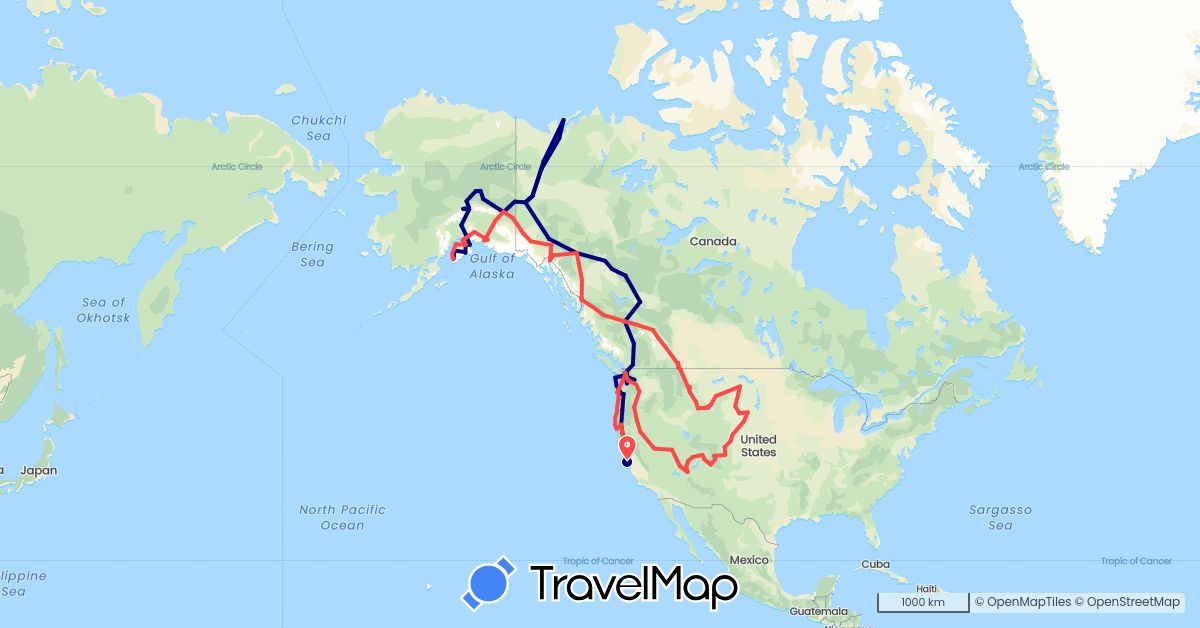 TravelMap itinerary: driving, hiking in Canada, United States (North America)